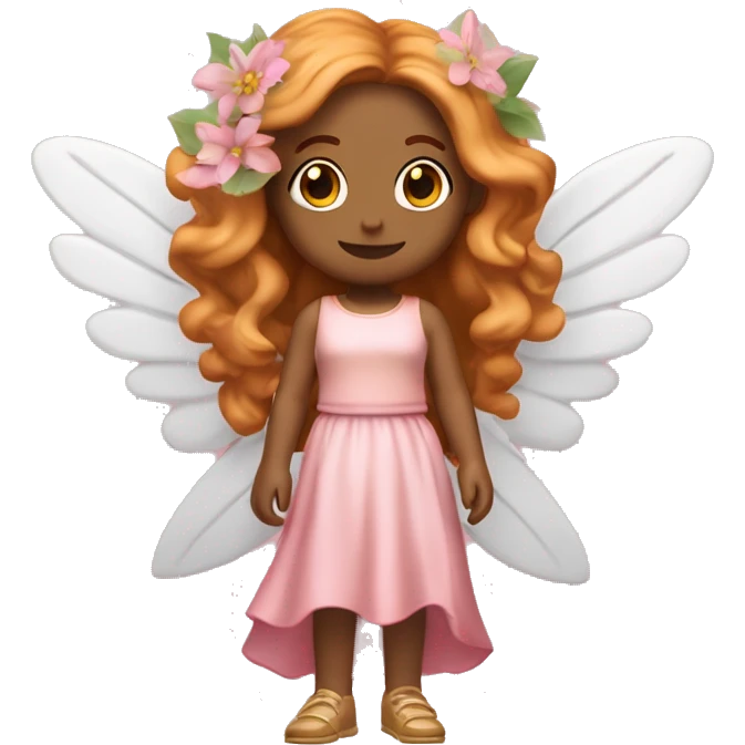Full body Fairy white woman emoji with long wavy copper hair and blonde highlights, also with curtain bangs, brown/honey eyes, with a pink outfit inspired in flower leaves give her wings  emoji