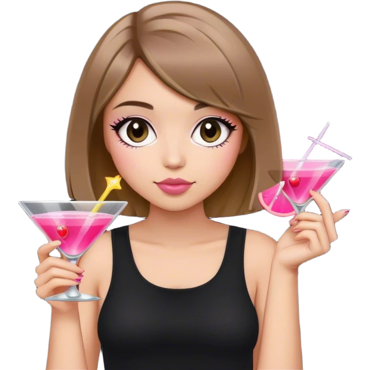 light brunette hair down bob girl black top holding a pink cosmo emoji