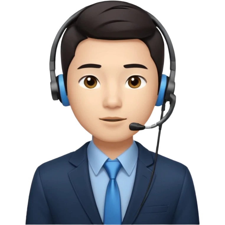 A young Asian man with smooth light skin, dark hair that swoops upward in the front, expressive eyes, a clean-shaven face, and a call-center style headset over one ear, usually paired with a crisp shirt and suit jacket visible from the chest up. emoji