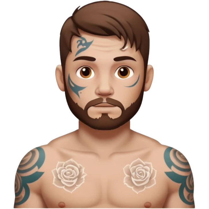 tattoo man, white skintone,brown hair, tattoos on face, more visible, bulky man with tattos on his chest. emoji