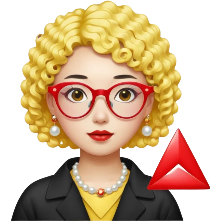 Chinese girl emoji, modern style, short curly bright yellow hair, pearl hairpin, wearing trendy red triangle glasses, colorful and creative vibe emoji