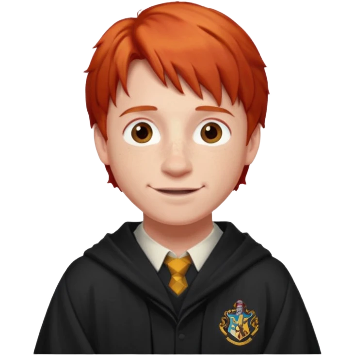 Create a realistic portrait of Ron Weasley with red hair, freckles, Hogwarts robe & warm smile. emoji
