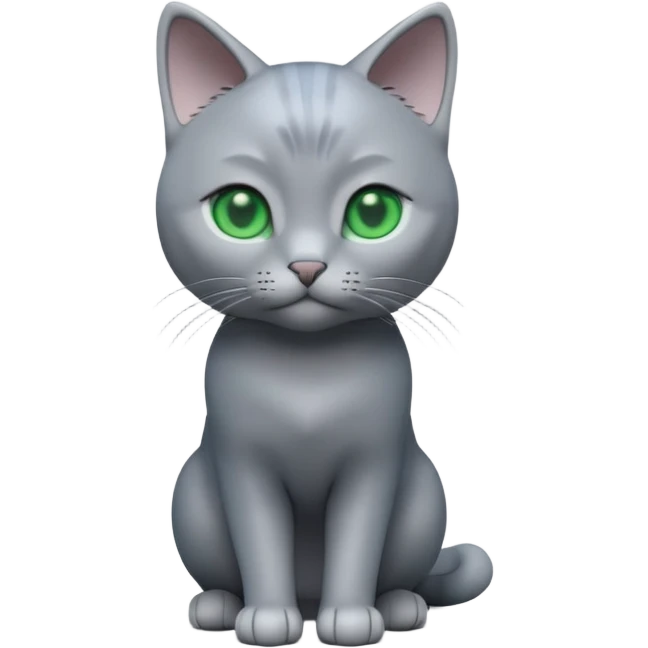 A 3D cartoon Russian Blue cat in cool silver-gray tone, smooth fur, green eyes, sleek lighting, cinematic 3D Memoji style. full body or half body. emoji
