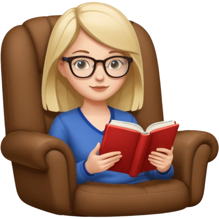 White girl with glasses reading a book in cozy chair  emoji