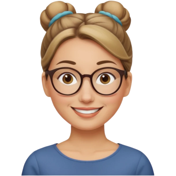 femme de 38 ans avec des cheveux tirés vers l'arrière blond foncé sans mèche devant, un chignon haut, yeux bruns, lunettes rondes, visage ovale emoji