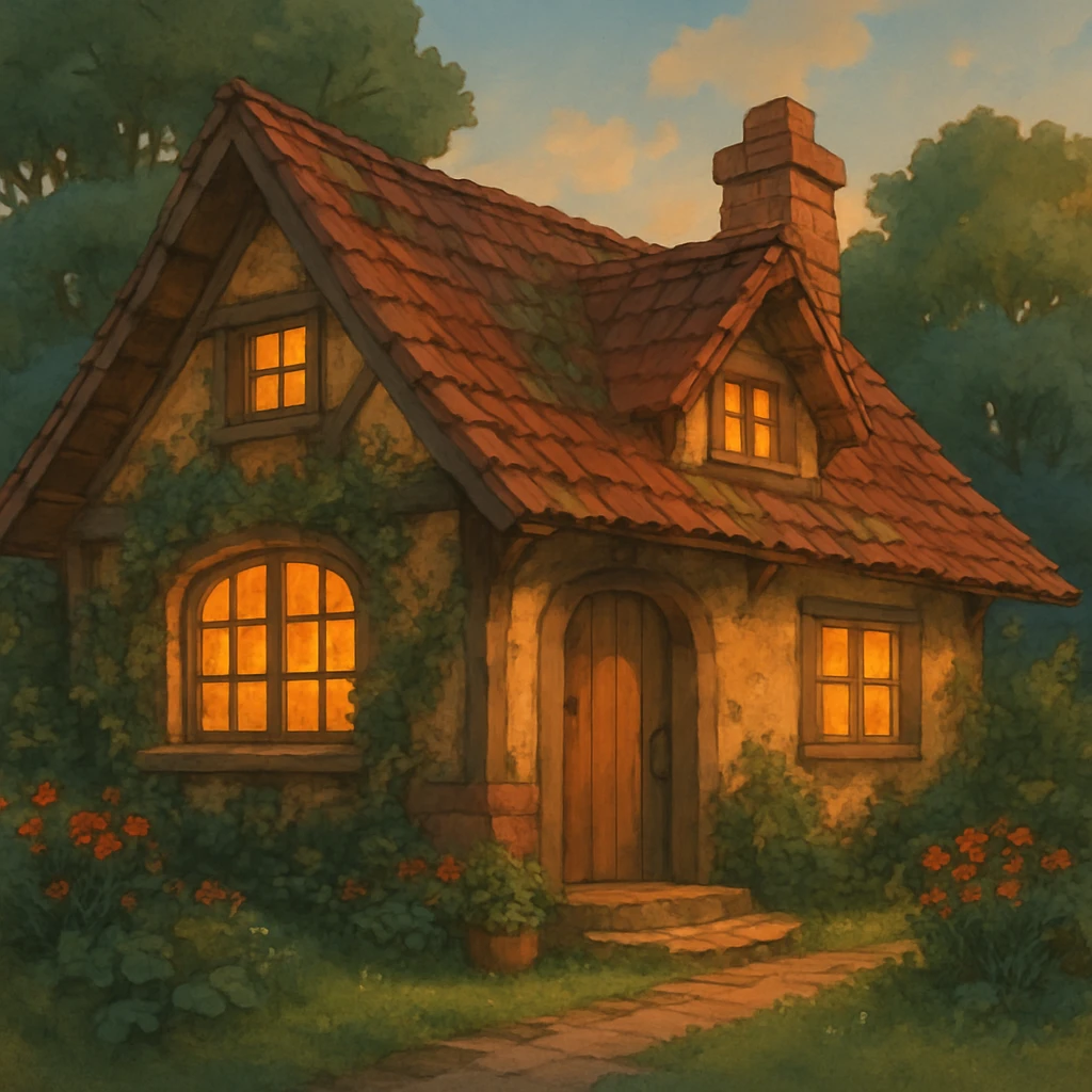 cozy cottage, warm lighting, ghibli style, inviting and charming emoji