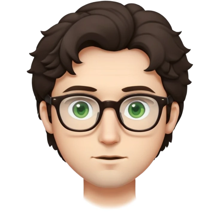Young man with slightly curled dark brown poofy hair, green eyes wearing glasses, wide face with eyes set apart, bigger ears, pale skin, slightly bigger nose, and very light stubble emoji