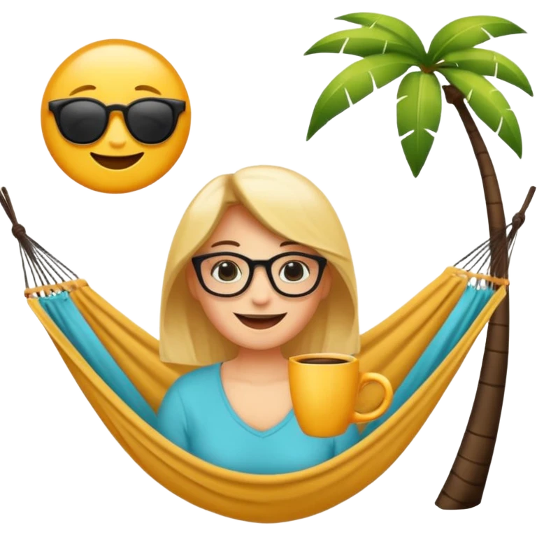 Créer un emoji stylisé et coloré représentant le week-end, joyeux et relaxant. L’emoji doit être rond, lumineux, avec un visage souriant ou des lunettes de soleil teint noir. Ajouter des éléments évoquant le repos ou le plaisir : café, hamac, soleil, musique, détente.  emoji