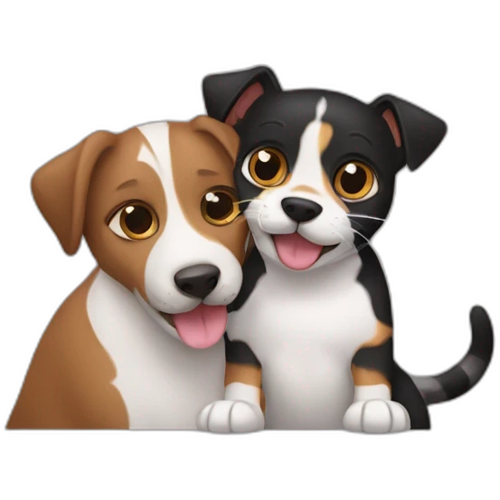 Black tabby cat and brown Jack Russell dog hugging emoji