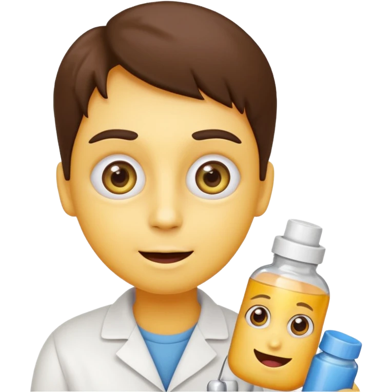 Can you create an emoji where it’s a basic yellow face emoji with wide crazy eyes and a small smile as well as blushed cheeks, and have it holding a pill near its mouth while a prescription bottle is next to it emoji