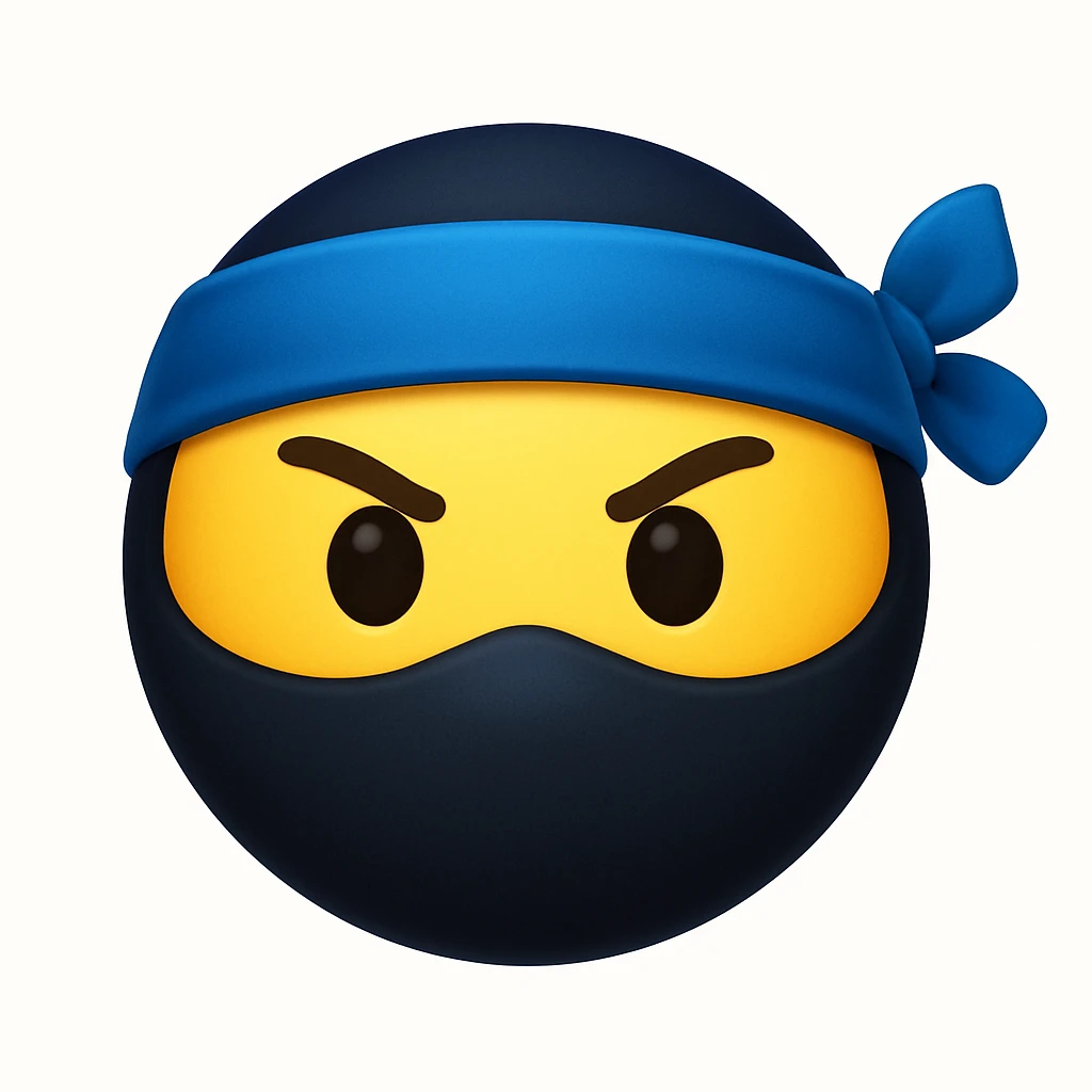 Make the ninja look exactly like the reference image, but only show the face, remove the weapon, and add a blue headband. Keep the emoji style and the same colors. The style is emoji, which is apple style emojis with concise prompts. emoji