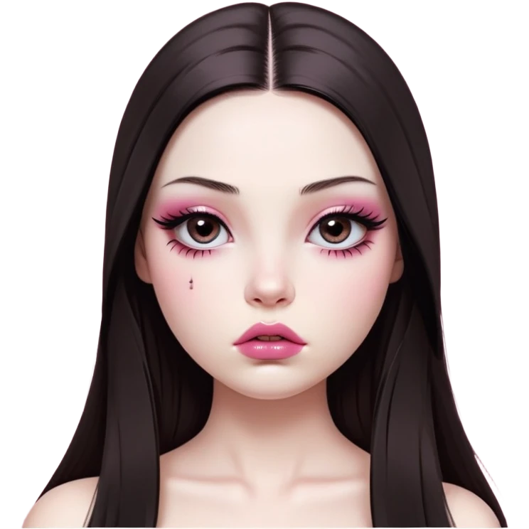 girl with white skin, dark brown long realistic straight hair with middle part prominently falling in front of her body over her shoulders, very big pouty extremely glossy ultra-shiny lips with nude reddish-pink lip gloss and absolutely no cupid's bow, big round eyes with very black shiny eyeballs and huge eyelashes, no eyeshadow, pink blush on cheeks, lighter button nose, extremely long oval-shaped face, wearing a pink off-shoulder top, looking directly at camera with hands down at sides emoji