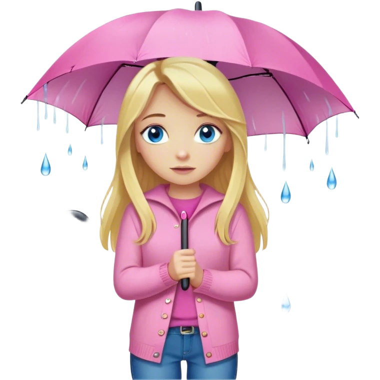 Cinematic realistic emojis in the form of a blonde girl with long hair and blue eyes, dressed in a pink sweater and jeans, holding an umbrella above her, on which rain is dripping emoji