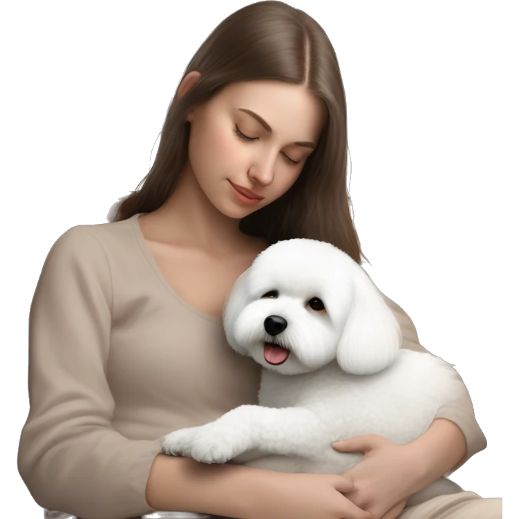 White dog Bichon Frise sleeping on brunette white girl's lap emoji