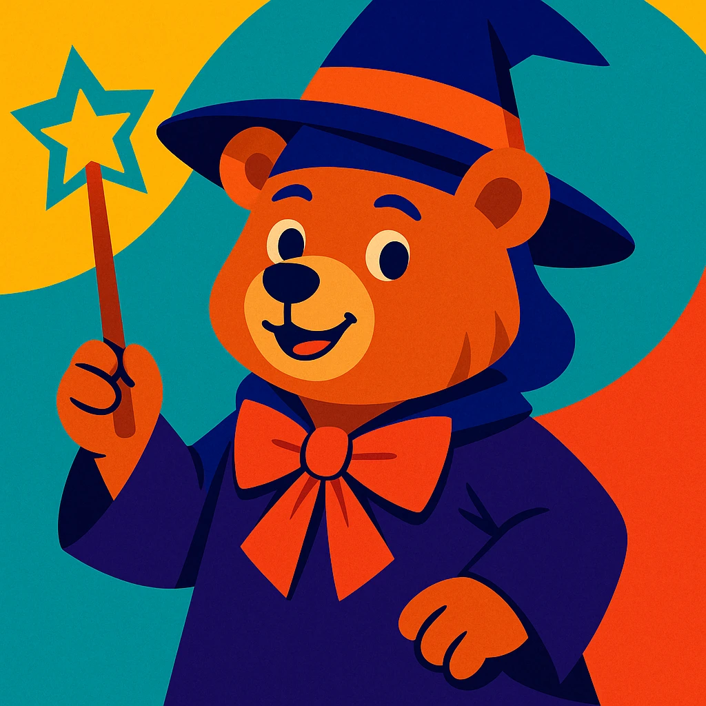 a bear with human-like features, wearing a witch costume and holding a wand, whimsical style emoji