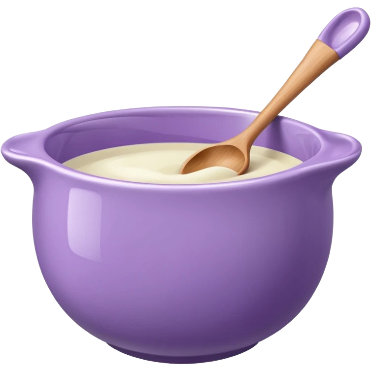 a lilac ceramic mixing bowl with a wooden spoon stirring emoji