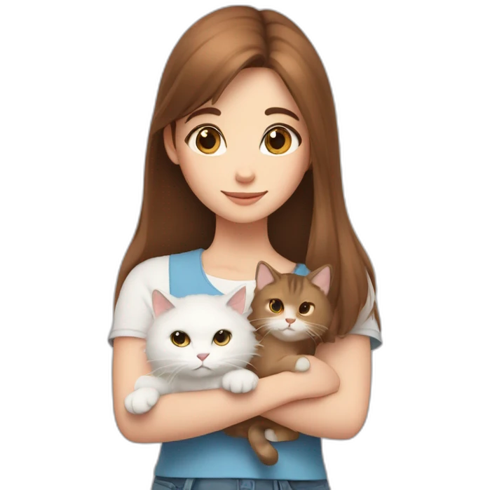 A girl with brown straight hair and a white fluffy cat lying in her arms with eyes of different colors emoji