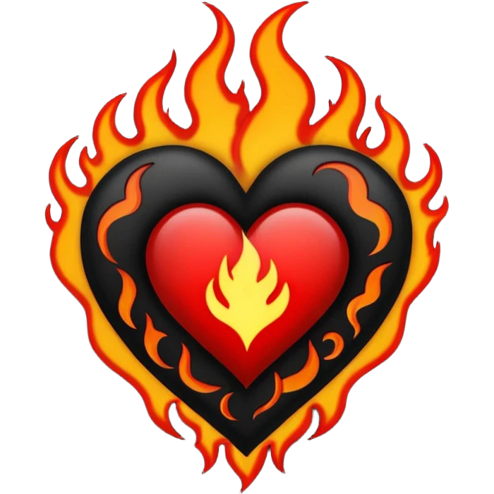 Black and red heart with flames tattoo style emoji