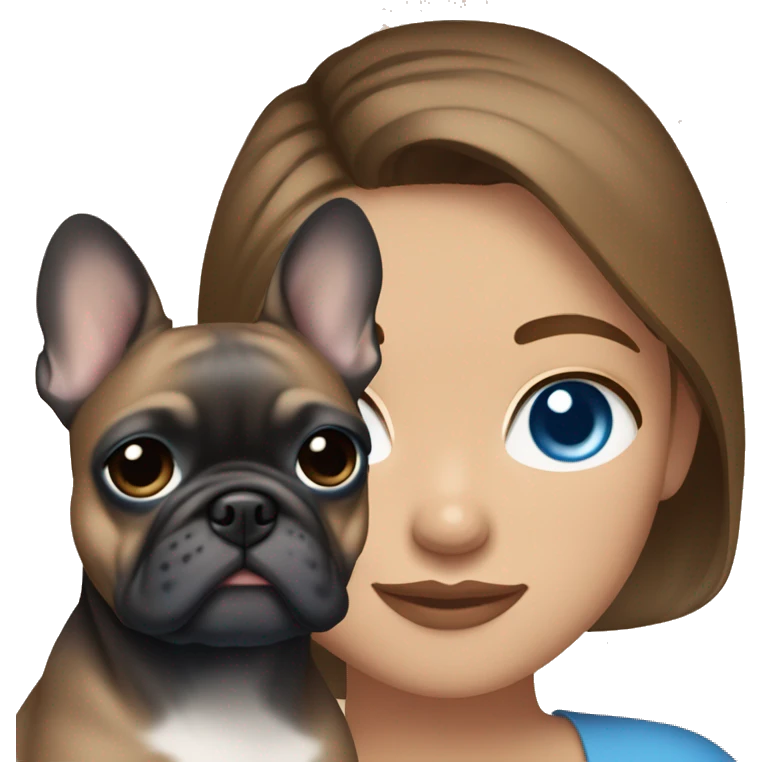 Brown hair light skin blue eyes yes woman with a blue and tan frenchie on her arm emoji