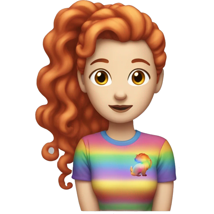 "A white woman with lengthy red curls in a ponytail, wearing a rainbow cat shirt, being cute." emoji