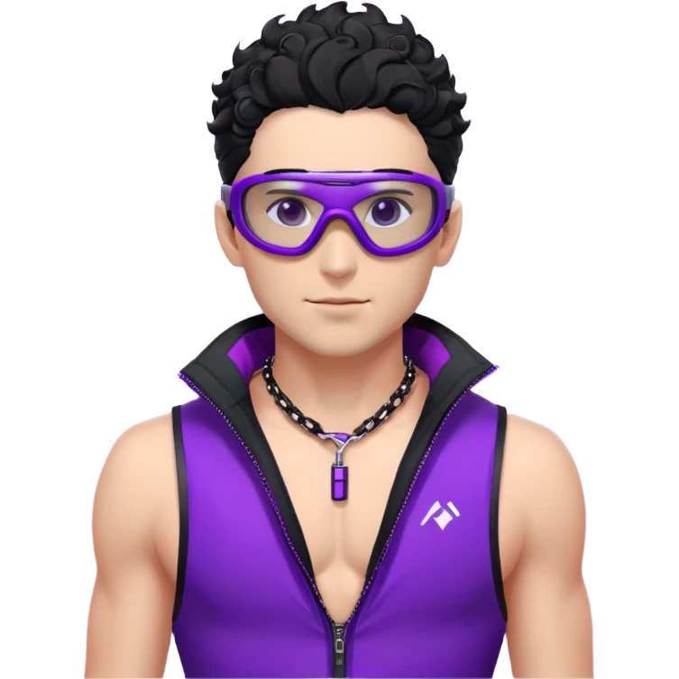 male athlete with white skin and moderately curly black hair on top with shaved sides, wearing ski goggles with purple frames and very dark black lenses, a simple plain black chain necklace, and a completely unzipped/wide open shiny purple vest fully revealing his chest and abs, no earrings emoji