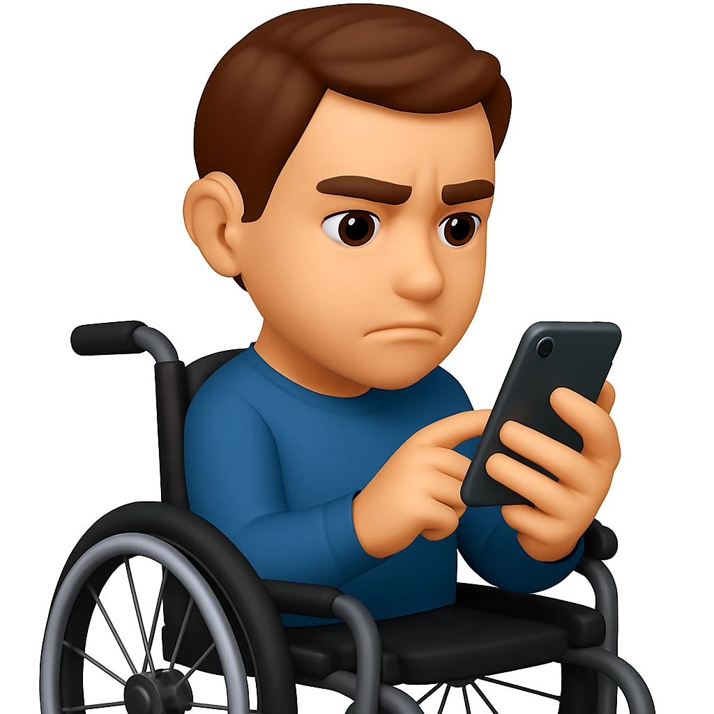 Add a modern wheelchair, showing only the upper body of the man, keeping the 3D emoji style and the hearing aid visible. emoji