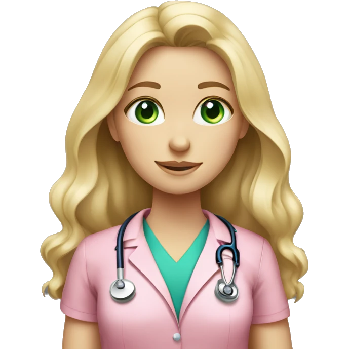 Long haired Blonde girl with green-blue-grey eyes wearing a pink shirt  a doctor emoji