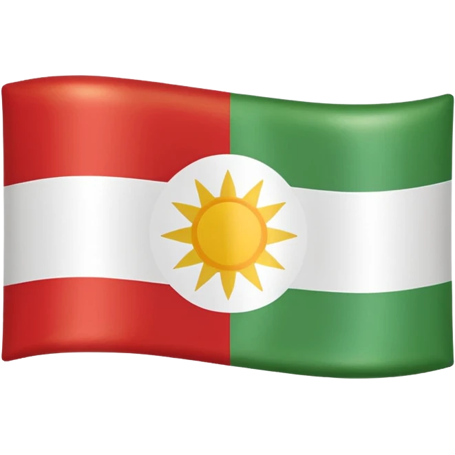 Kurdistan flag with red, white, and green horizontal stripes and a yellow sun emblem in the center, glossy rounded rectangular shape, subtle shading, Apple iOS flag emoji style emoji