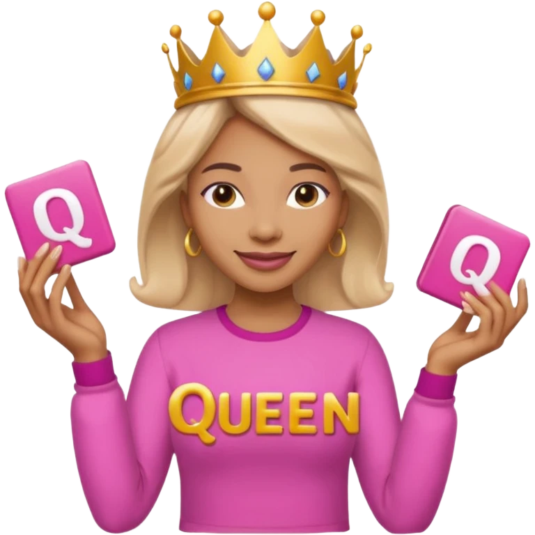 Crear una reina morena clara con ropa rosa sosteniendo la palabra Queen en sus manos emoji