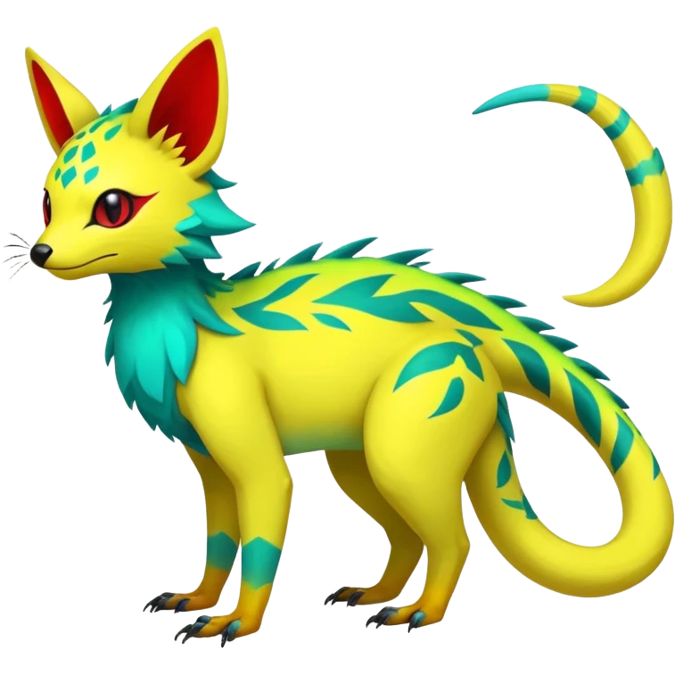 Rare realistic exotic edgy tropical cute yellow, with neon-green, neon-red, and neon-cyan markings epic pretty beautiful handsome gorgeous aesthetic colorful vibrant Vernid-Trico-species-Fakemon-creature by LiLaiRa, 4 legs, 1 tail, random markings, (full body) emoji