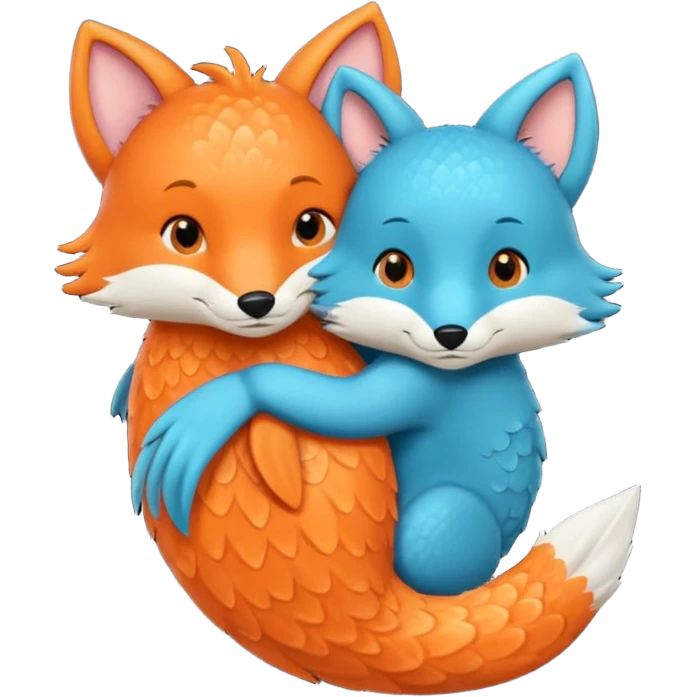 One orange fish and one teal blue fox, that are hugging or cuddling each other emoji