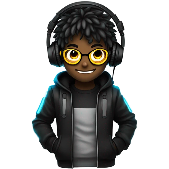 1 - anime ou chibi

2 - cabelo preto, mascara preta e cabelo preto e óculos de grau

3 - RPG e tecnologia

4 - Fones Headset com leds neon, terno preto e luvas  emoji