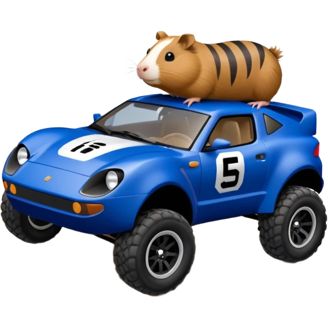 Dirty Joke’s Midnight-blue Local Motors Rally Fighter off road race car being driven by a five foot tall Guinea pig over a dirt ramp  emoji