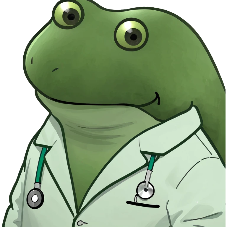 bufo frog wearing medical coat, very sad eyes, looking at viewer emoji