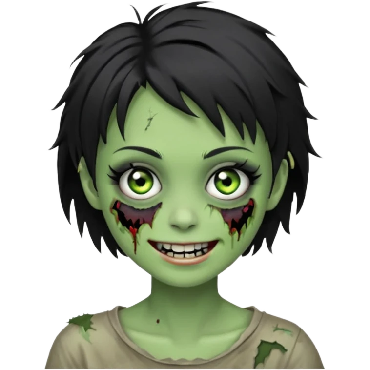 Green zombie girl with messy black short hair with lashes and torn cheek and smiling face emoji