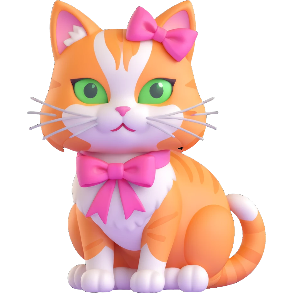 3D iOS style cat with a pink bow, green eyes, and light orange fur emoji
