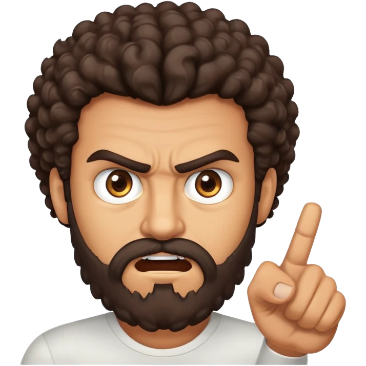Angry tan man with big dark curly brown hair and brown eyes pointing at me with a beard emoji