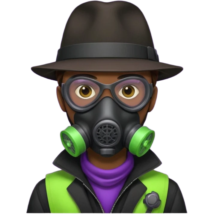 Male Hacker with a fedora with brown hair wearing a gasmask. Color scheme is black, lime-green and purple emoji