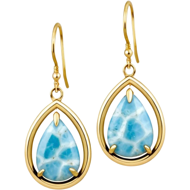 No emoji icons, no emoji faces, 8k quailty, clean, smooth design, isolated, hyper realistic, ultra sparkly, ultra detailed luxurious, 14k yellow glittery gold and Rare Genuine Larimar Raw Crystal earrings set, rendering. Full transparent background  emoji