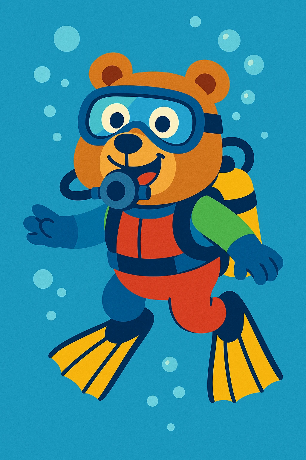cheerful cartoon bear in full scuba gear, underwater emoji