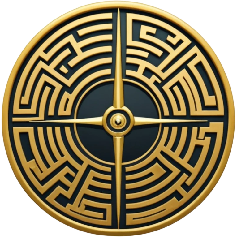 A vertical sword in the center of a circular maze, inside of which is embedded a thin astrolabe. The lines are strict, geometric, and symmetrical. The material is a dark metal (antimonium). The style is a minimalistic alchemical sign. emoji