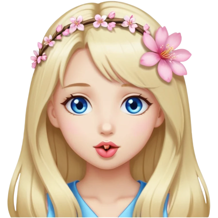Girl with long blond hair and sakura accessories on her hair have blue eyes beautiful finish and she sending lovely kisses  emoji