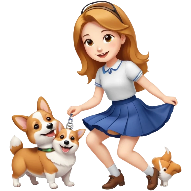 A beautiful girl with fair skin wearing a skirt and happily playing with corgi emoji