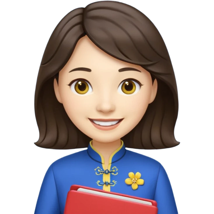 Teacher emoji but : wavy (not straight) dark brown hair, light skin, no glasses, dark eyes, with a computer folder in the hand (color is yellow), being a teacher, wearing a chinese qipao ( dark blue), smile with teeth




 emoji