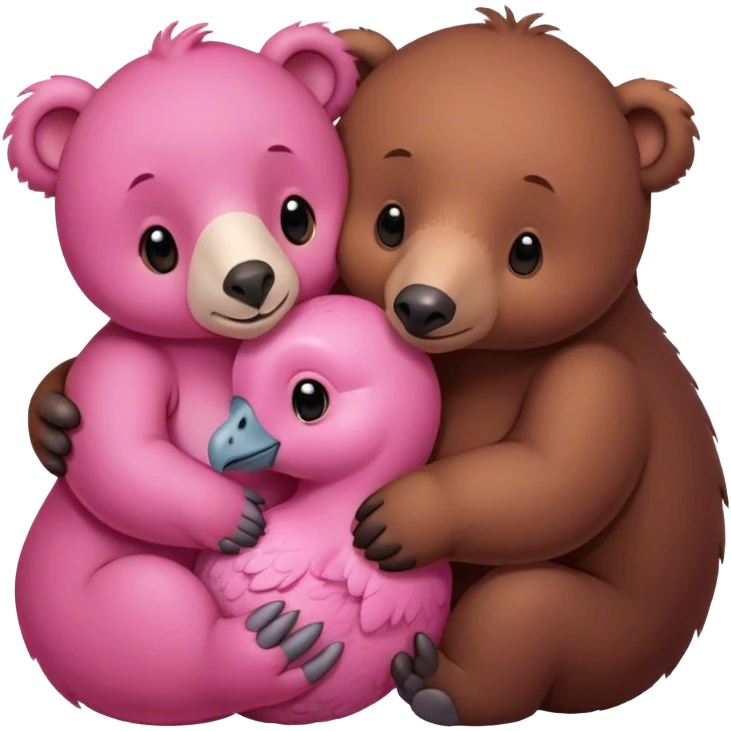 A cute brown bear and a real cute pinkdodo closely snuggled together emoji