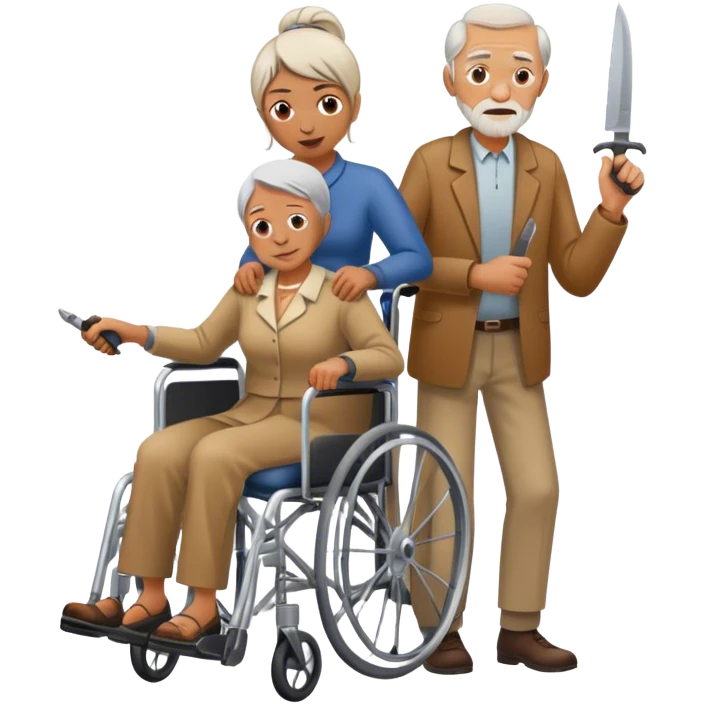 Woman with a knife in one hand, pushing with the other a wheelchair with an old man emoji