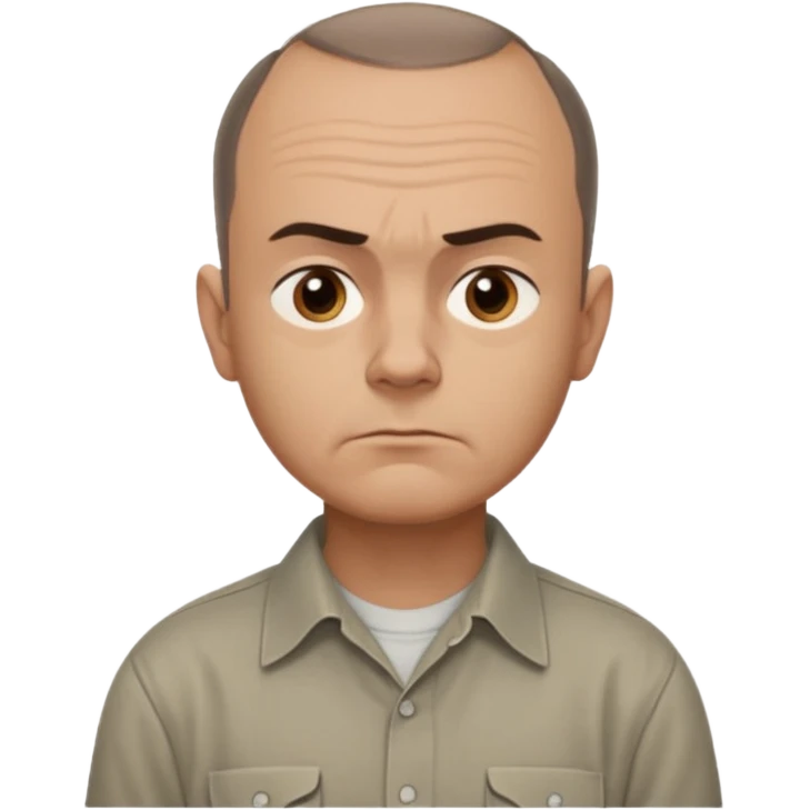 Carl from Sling Blade, serious expression, very detailed features,very recognizable features, chin sticking out, slouching posture, no glasses, shirt with collar,show his entire body, he is standing. three-quarter face angle view. He sticks his head forward. less apple style emoji.  emoji
