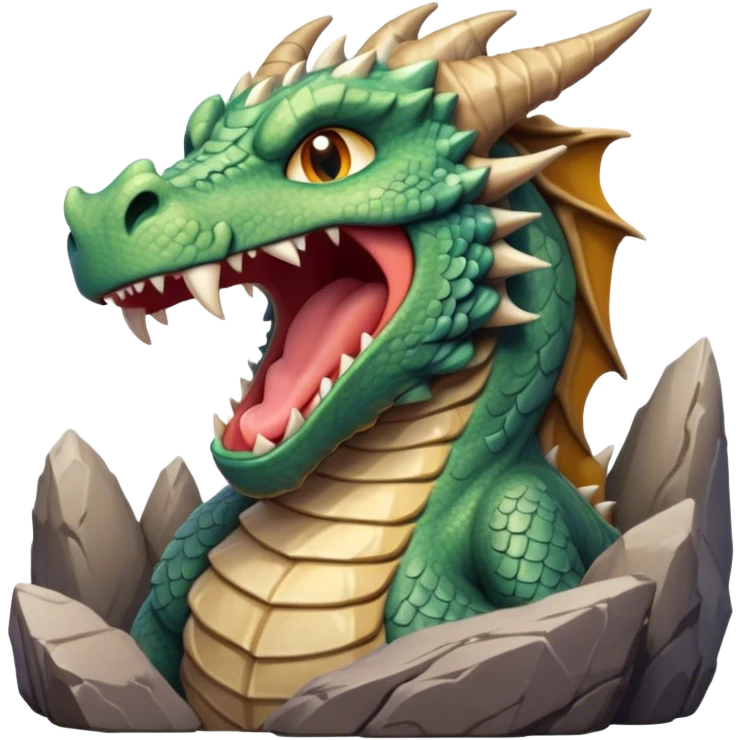 Cinematic Cute Yawning Giant Rock Dragon Portrait Emoji, Head tilted slightly with a dramatic, wide-open yawn, revealing a colossal, rugged body with weathered, rock-like scales and subtly drooping, earthy features rendered in authentic, stony texture; high shine, relaxed yet powerful, styled with a dash of timeless geological charm, soft glowing outline, capturing the essence of a sleepy but stoic rock behemoth ready to settle into an ancient, enduring slumber! emoji