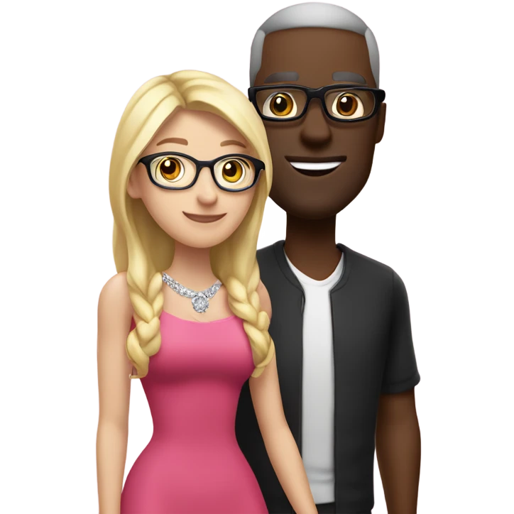 White blonde long hair woman pink dress no glasses  with no glasses in a pink dress and diamond necklace standing next to emoji black man with glasses wearing red shirt glasses standing next to white eoman emoji