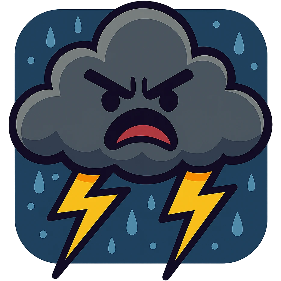 furious thunderstorm cloud, cartoon style, furrowed eyebrows, yellow lightning, dark blue background emoji